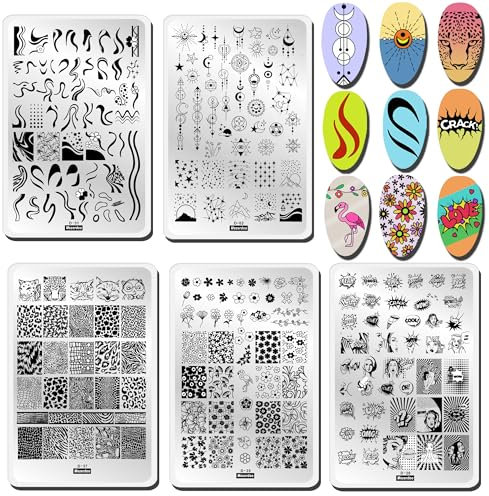 French Nails Stempel Nagelschablonen Set, 5 Stern Mond Blumen Nagelstempel Schablonen Geometry Lines Nail Stamping Plate Nagel Schablone Stempel Schlange Stamp Schablonen FüR NäGel Stamping Set