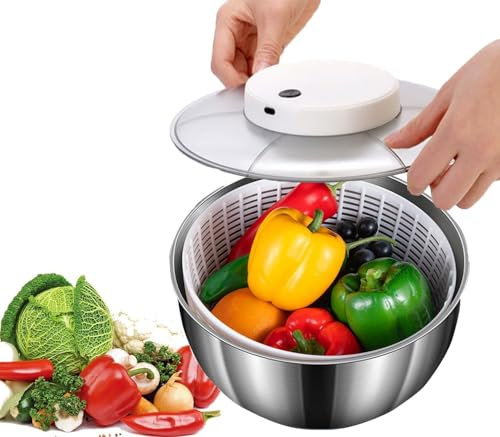 Salad Spinner Large, 4.8 L Stainless Steel Vegetables Washer Dryer, Electric Household Fruit Dehydrator Drainer, Fruit Vegetable Strainer Spinner, Non-Slip Base