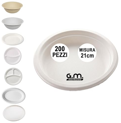 G.M. DISTRIBUZIONE 200 Piatti Fondo/Ciotola Bianchi in Polpa di Cellulosa 21cm, Ideale per Cibi Caldi e Freddi, Piatti Imperameabili Usa e Getta Adatti al Microonde, Biodegradabili e Compostabili