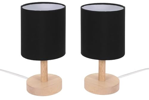 ValueLights | Natural Wood Base Table Lamps with Black Cylinder Fabric Lampshade | Home Décor, Bedside & Desk Lamp | Pair of 2 | Includes Bulb