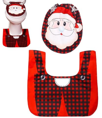 Christmas Santa Toilet Seat Cover and Mat Set, Soft Red Toilet Mats with Santa Decorative Lid Cover, 2 Pieces Christmas Toilet Seat Cover Bathroom Decoration for Home Cafe Mall