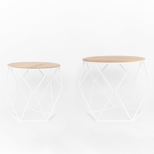 MYWIRE® Couchtisch Sanna - 2er Set moderner Beistelltisch aus Holz & Metall, rund, Industrial Design, ideal für Wohnzimmer, robust & platzsparend (Verkehrsweiss)