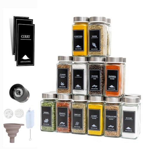 comforder Pots à Épices Carrés (24 pièces) avec Bouchons Verseurs et Étiquettes + Entonnoir, Pot en Verre avec Couvercle en Acier Inoxydable, 120 ml