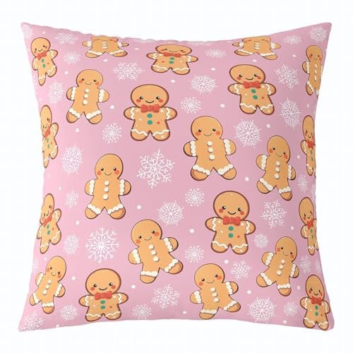 Federa per cuscino natalizia con omino di pan di zenzero, 61 x 61 cm, decorazione natalizia rosa