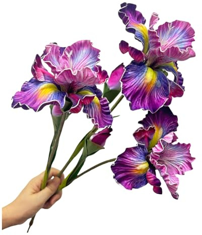Rikyo 3pcs Purple Iris Flower Artificial Heads with Stem,Real Touch,18inch | Fake flowers Realistic Faux Bouquets Bulk Outdoor Cemetery Arrangements,Wedding Decor, Dining Table Centerpieces,Vase Filler