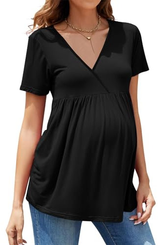 hohololo T-shirt de maternité à manches courtes et col en V pour femmes enceintes, Noir1, XXL