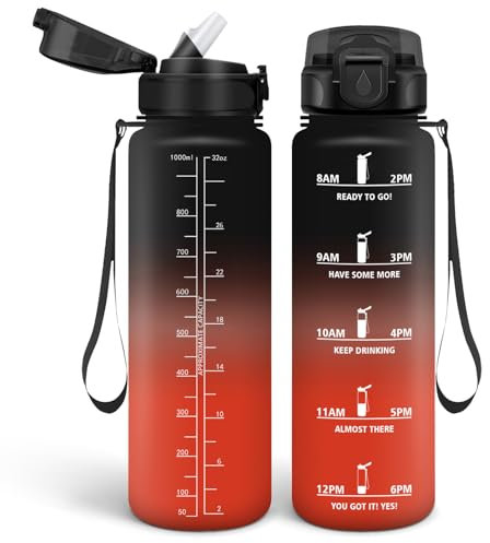 HoneyHolly Botella Agua 1 Litro, Libre de BPA & Prueba de Fugas, Botella de Agua, con Pajita, Botella Agua Gimnasio, con Marcador de Tiempo, Cantimplora para Sport, Bicicleta, Gimnasio, Escuela