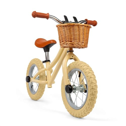 Bigjigs Toys Cremefarbenes Laufrad mit Korb - Pedalfreie Kleinkindfahrräder, Trainingsfahrräder, Radfahren lernen, lustige Outdoor-Aktivität, Geschenke für Kinder ab 3 Jahren