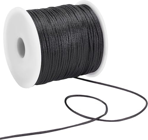 Black 1.5mm X 60 Yards Nylon Satin Cord Wind Chime Cords Replacement Necklace String for Bracelet Jewelry Making Macrame Waxed Cords Trim Cord Multi-Use Silk for Lanyards, Braided Beading Supplies