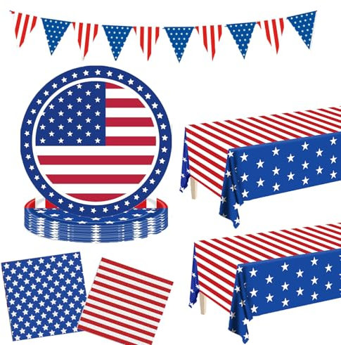 Patriotic Party Supplies, American Flag Patriotic Plates Party Decorations, 4th of July Paper Plates and Napkins, Tablecloths, Banner, Memorial Independence Day Red White Blue Decor Sets, Serve 30