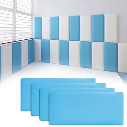 Tokenhigh Anti Collision Wall Padding, 40x20cm Upholstered Padded Wall Panels, Self Adhesive PU Leather Headboard Panels, 3D Wall Cushion, Shockproof Peel and Stick Wall Sticker(PU-Blue)