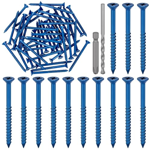 Glarks 52pcs 1/4 x 3-1/4 '' Kreuz Flachkopf Beton Schraube Anker Kit, blaue Schwerlast Zement Schrauben mit Bohrboch und PH2 Bit für die Verankerung an Mauerwerk, Block, Ziegel, Zement