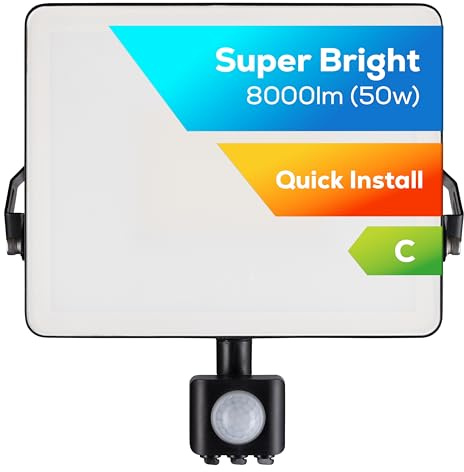 TCP 50W LED Security Floodlight w PIR Sensor, Outdoor, Bright 8000lm, Cool White 4000K, IP44 Waterproof, Easy Install Long Adjustable Bracket, Easy Push Connector, Enery Class C, No Plug Garage Garden