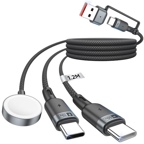 Cable de A-pple W-atch Cargador - Cable Tipo C 3 en 2, 1.2M 60W Multi USB C Carga Rapida, Cable USB Tipo C Carga Rápida Compatible con iWatch Ultra 2/SE 2/10-1, con iPhone 16/15 Pro Max, iPad, AirPods