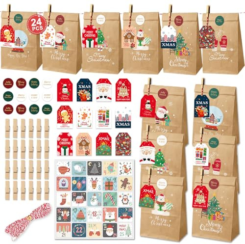 Gigmeta 24 Stk Adventskalender zum Befüllen, Weihnachtskalender zum Selber Befüllen, Bedruckt Adventstüten zum Selbst Füllen, Geschenk Papiertüten mit Zahlen Aufkleber zum Selbstbefüllen