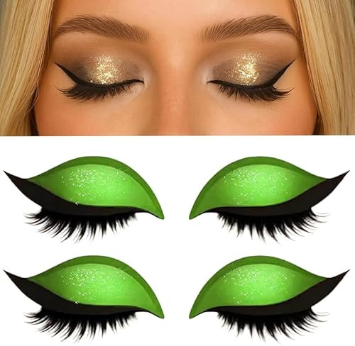 Fauler Lidschatten Wimpern Patch, 3in1 Glitzer Lidschatten & Eyelash Eyeliner Aufkleber, Wiederverwendbar, 2 Pairs Grün für Hochzeit, Party & Kostüm