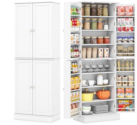 KOMFOTTEU Küchenschrank mit 4 Türen & 6 verstellbaren Regalen, Küchenanrichte mit Kippschutz, Vorratsschrank Mehrzweckschrank für Wohnzimmer, Esszimmer, 60 x 35 x 166,5 cm, Weiß