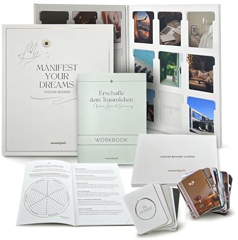 Vision Board Set – 200 Bildkarten & Affirmationen zum Manifestieren – inkl. 24 Seiten Workbook für Ziele, Klarheit & Motivation – Geschenkidee für Frauen