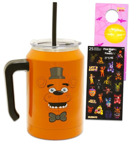 Five Nights at Freddy's Stainless Steel 30 Oz Tumbler w Handle Adult Bundle | FNAF Double-Walled Insulated Tumbler Spill Proof Cup with Straw Kids, Stickers, More | Five Nights at Freddy's Water Bottle