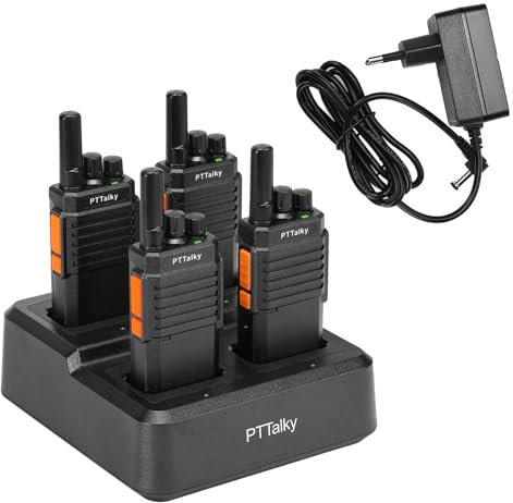PTTalky PR2 Talkie Walkie Professionnel avec Chargeur à 4 | Longue Portée Walkie Talkie pour hôtels Restaurants Sécurité 4 Pièces