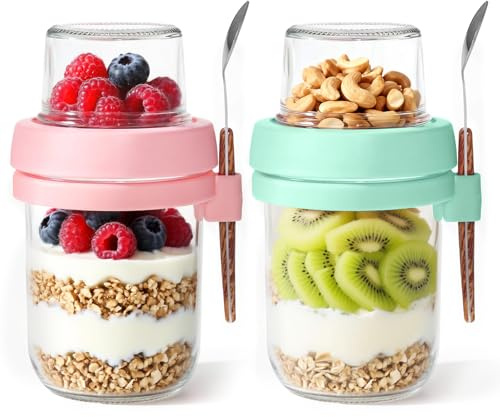 Valyrane Set di 2 Barattoli per Overnight Oats da Portare con Sé, 480ml+120ml, Porta Yogurt per Lavoro, Scuola e Viaggi