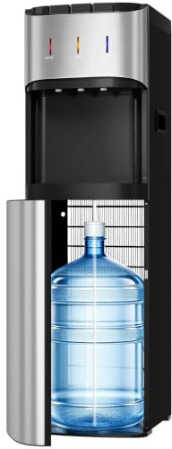 Tehanld Bottom Loading Water Cooler Dispenser, Metallic Silver | For 3 or 5 Gallon Bottles, Hot, Room & Cold Spouts, LED Display with Empty Bottle Alert, Child Safety Lock