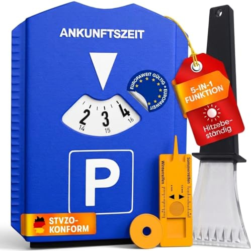 PURAHELP® 5-in-1 Parkscheibe + Eiskratzer | Inkl. Einkaufswagenchip, Reifenprofilmesser (StVO konform) - Parkuhr Auto und Motorrad - Parkkarte - Parking disc