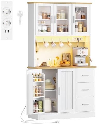 Hzuaneri Buffetschrank mit 6-Stufigem Regal Hinter den Türen | Küchenschrank, 5 Schranktüren, 3 Schubladen, LED und Steckdosenleiste, Küche, Eiche-Weiß, 40 x 100 x 180 cm, PT10303XEU