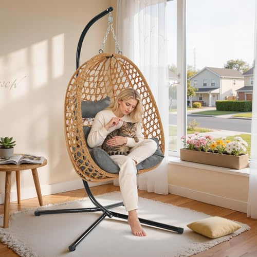 bigzzia Swing Chair Hanging Egg Chair for Indoor & Outdoor use - Foldable Swing Chair with Cushion Maximum Load 160kg, Rattan Garden Swing for Garden Patio or Balcony