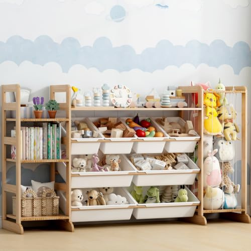 Wumagin Spielzeug-Organizer, Holz Kuscheltier Aufbewahrung mit 5 Regalen und 8 Behältern, Kinderschrank Holz Bücherregal für Schlafzimmer, Kinderzimmer, Arbeitszimmer