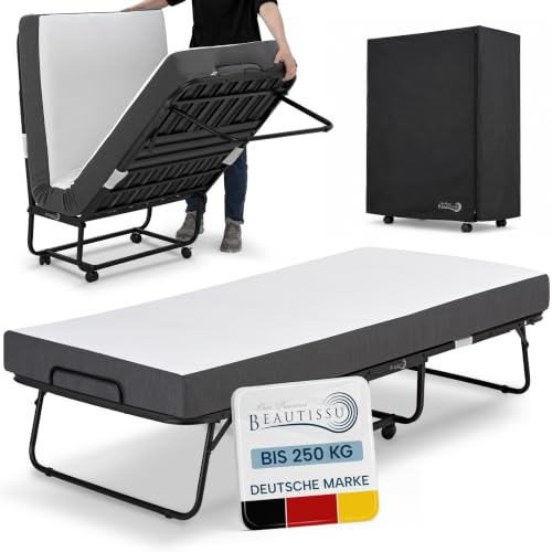 Beautissu Klappbett Gästebett Klappbar für Erwachsene bis 250 kg Rollbett | 90x200cm 13cm Dicke Matratze Memory Schaum Faltbett 4 feststellbaren Rollen Platzsparend mit Schutzhülle Notbett Traumkraft L