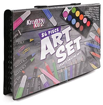 Kreative Kids 86 Piece Craft and Art Set - Kids Colouring Kit with Crayons and Watercolour Paint
