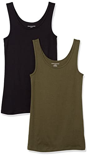Amazon Essentials Top a Canotta Slim Donna, Pacco da 2, Nero/Verde Oliva, S