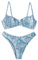 ZAFUL Zweiteiliger Bikini Set, Blumenmuster Hoch Geschnitt Bikini mit Bügel & V-Badehose für Damen (M, Azurblau)