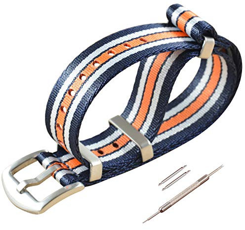 MZBUTIQ 22mm Blau/Weiß/Orange Uhrenarmband Sicherheitsgurt Nylon Watch Strap Armband Herren Gebürstete Schnalle