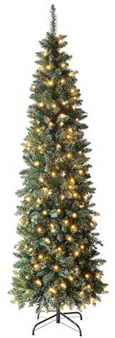 SHATCHI 4Ft/1.2m Pre-Lit Artificial Slim Christmas Green Pencil Tree, Pointed Tips, Metal Stand Warm White LEDs Lights Holiday Home Decorations, 120 cm