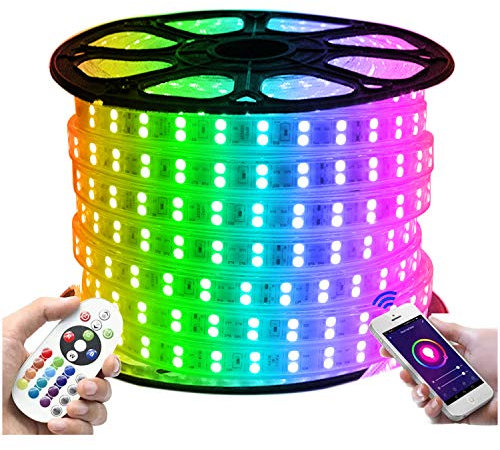 XUNATA Striscia LED RGB 220V, Nastro LED Impermeabile e Flessibile con telecomando a 24 tasti e Controller WiFi, Applicazione Smart Life, lavora con Alex SmartThing Assistente Google (120LEDs/m, 5m)