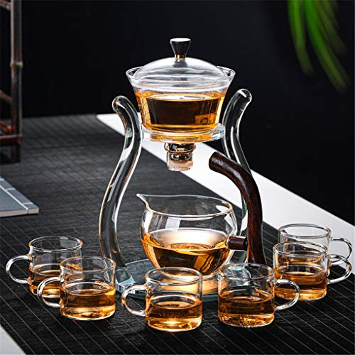 Mozeo Glas Teekanne Set Glas Automatisch Lazy Tea Set Rotierende Kungfu Hitzebeständige Teekanne Anzug mit 6 Teetassen (GlasTeekanne mit 6 Stück Schüssel)