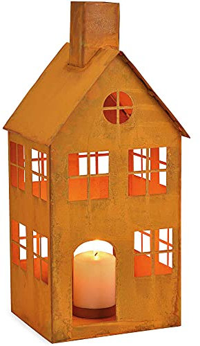 matches21 Haus mit Fenstern Windlicht Laterne Rostoptik Metall Deko Kerzenhalter 1 STK 16x36x15 cm