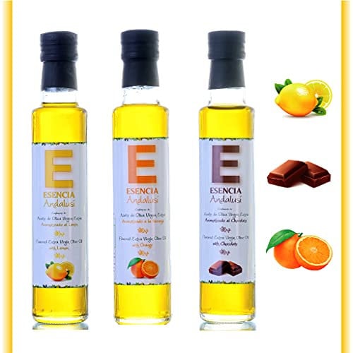 Olio extravergine di oliva aromatizzato, 3 bottiglie in vetro da 250 ml con olio di oliva aromatizzato con 3 esenze naturali (cioccolato - arancio - limone)