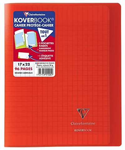 Clairefontaine 951404C Un Lot de 10 Cahiers Agrafés Koverbook Rouges - 17x22 cm - 96 Pages Grands Carreaux - Papier Blanc 90 g - Couverture Polypro