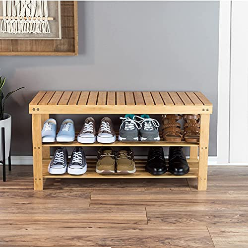 Unibos Bamboo Shoe Bench 3 Tier Shoe Rack Storage Organiser Shoe Racks Storage Shelf Organizer Perfect For Entryway Living Room Hallway Holds Up To 8 Adult Shoes (Natural - 3 Tier Shoe Bench)