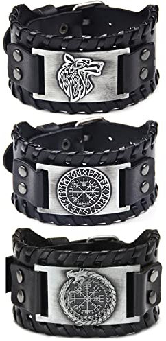 Sehaby 3 Stücke Schwarz Wikinger Leder Armbänder Nordischer Wolf Kopf Armreifen Vintage Runenkompass Armbänder Mittelalter Drachen Kopf Kompass Armbänder für Damen Herren, One Size, Metall