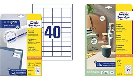 AVERY Zweckform 4780 Universal Etiketten (1.000 plus 200 Klebeetiketten extra, 48,5x25,4mm auf A4) 30 Blatt, weiß & Runde Etiketten L3415-10 (240 Aufkleber auf 10 Blatt,Ø 40 mm, A4) weiß