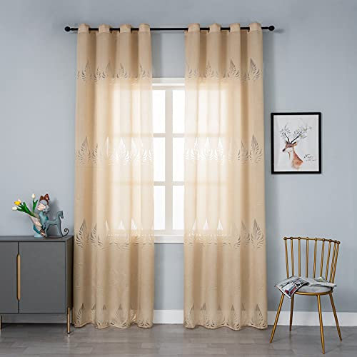 M&W DAS DESIGN Gardinenschal Blätter Jacquard Store Gardinen halbtransparent Stoff Voile Dekoschal lichtdurchlässig Fensterschal Ösenschal weich (beige 140 * 245(B*H) 2 STK)