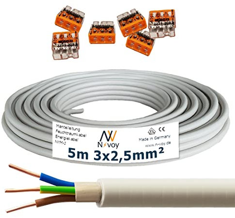 NYM-J 3x2,5 mm² 5m Mantelleitung Installationskabel mit 6 Stück WAGO Klemmen M123