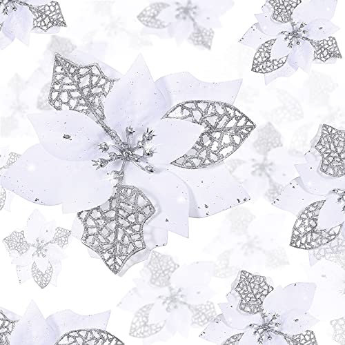 72 Stück 3 Größe Weihnachten Glitzer Poinsettia Hochzeit Künstliche Blumen Weihnachten Blumen Dekoration Ornament für Weihnachtsbaum Neujahr Heim Outdoor Dekoration (Weiß)