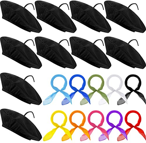 Laumoi Lot de 20 bérets de fête d'Halloween pour enfants, béret français en vrac, bonnet d'artiste avec écharpe colorée pour décoration de cosplay
