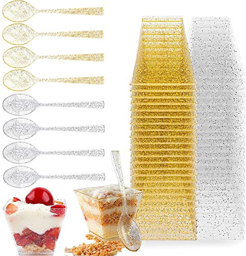 Bbaoo 2 OZ x 50 Stück Dessertgläser mit Löffel , Dessertschalen Plastik, Kleine Dessertbecher, Mini Dessertschalen, Transparente Dessertbecher, für Hochzeiten, Geburtstage und Partys (Gold/Silber)