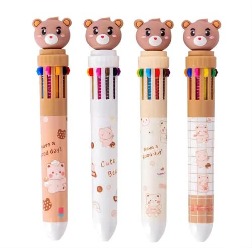 Mehrfarbig Stifte,Mehrfarbige Kugelschreiber Versenkbare Kugelschreiber 4 Pack 10-in-1 Roller Ball Color Kugelschreiber für Office School Supplies Studenten Kinder Geschenk,Süßer Karikaturbär